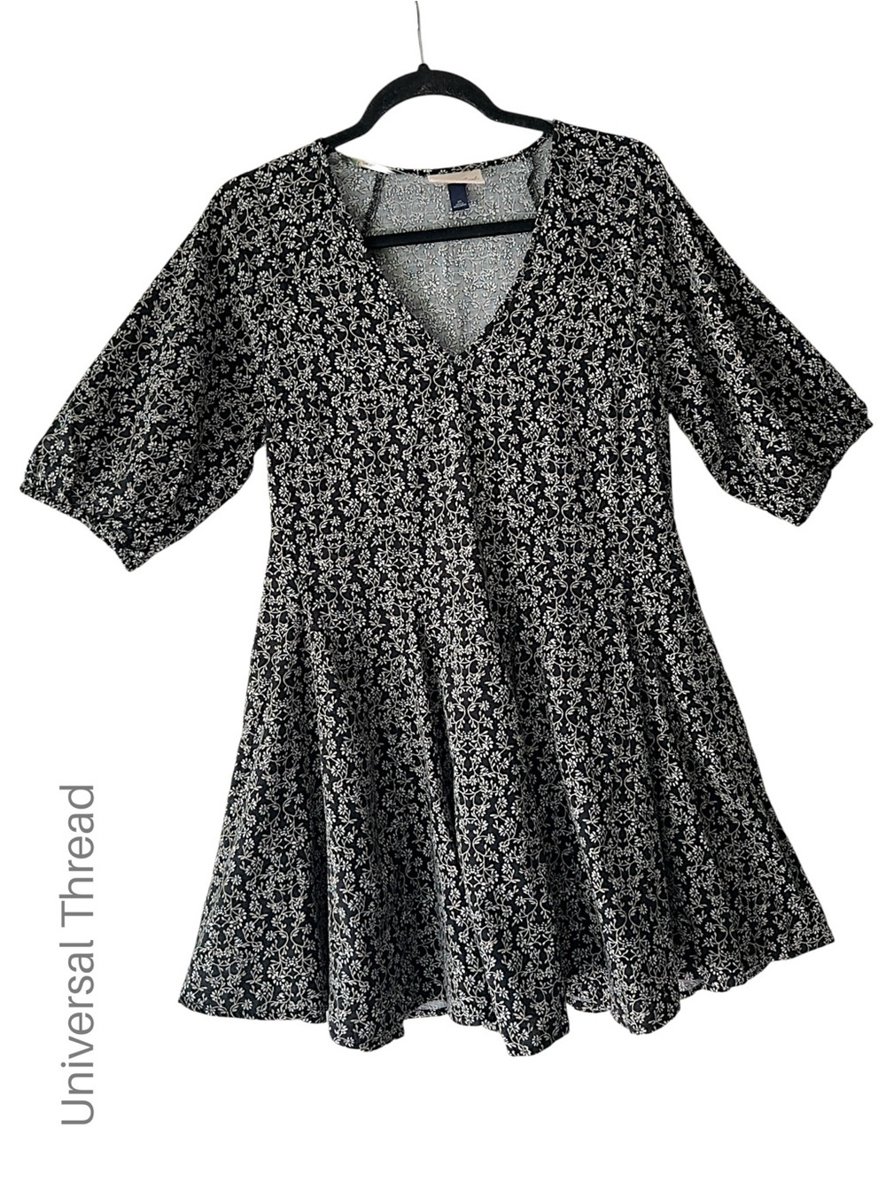 UNIVERSAL THREAD NWOT BLACK FLORAL MINI DRESS V-NECK POCKETS BELL SLEEVE | XS